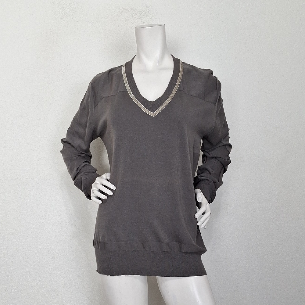 Bacca Da Silva NEW Gray Velvet Trim Modal Blend Streetwear V-Neck Sweater Size L